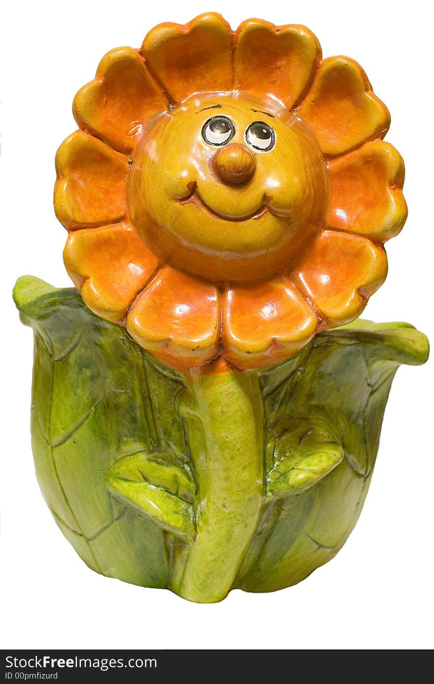 Ceramic ornamental flowerpot with smiling sun on white background