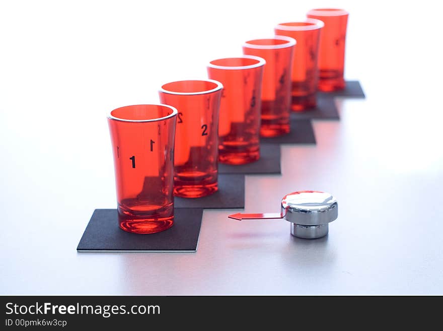 Six red glass glasses with the index on number one