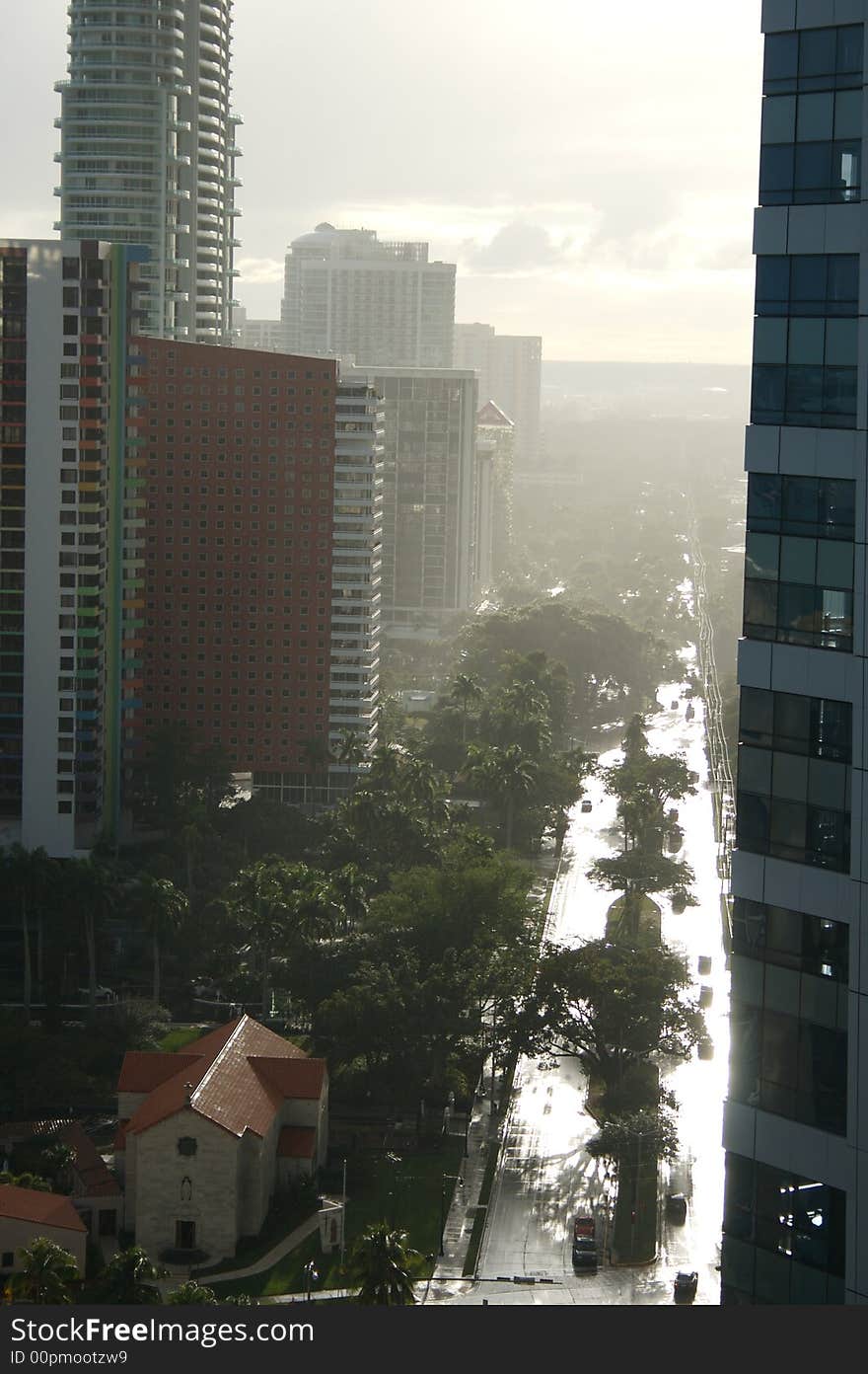 North to South view of brickell avenue after a rain shower, (Miami, Fl).