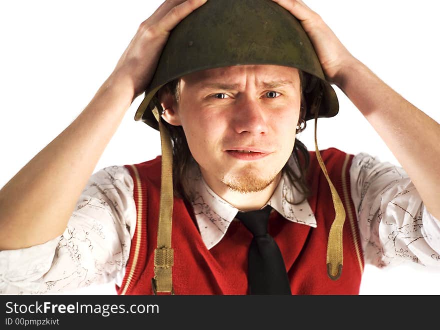 Man in green helm on the white background. Man in green helm on the white background