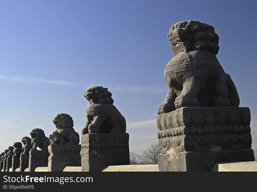 Chinese stone lion. It was built in Jin Dynasty of China, i.e. 1189 years. Here is the first of famous bridge that China is the three ancient ---Beijing Lugou Bridge. There are 485 all kinds of stone lions in all on the bridge. Chinese stone lion. It was built in Jin Dynasty of China, i.e. 1189 years. Here is the first of famous bridge that China is the three ancient ---Beijing Lugou Bridge. There are 485 all kinds of stone lions in all on the bridge