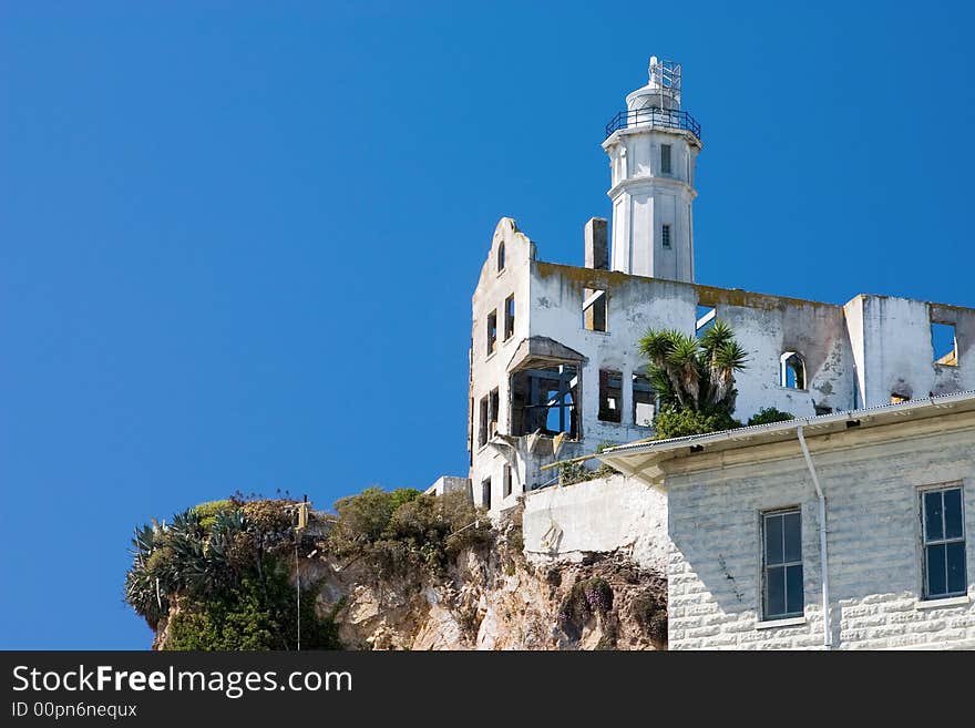 Old building on Alcatraz with blue sky