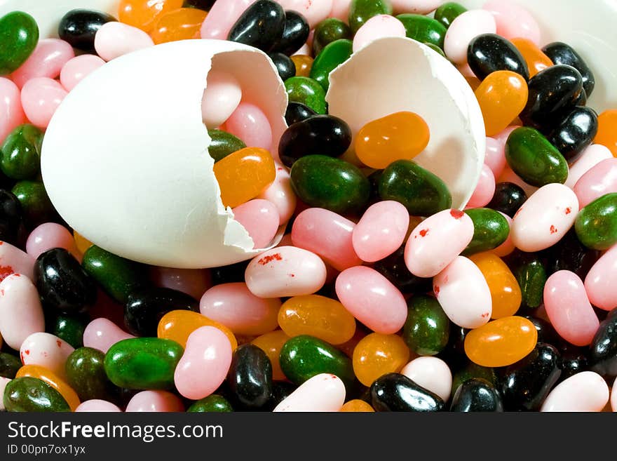 Easter style jelly beans hatching out of an egg