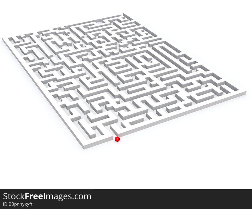 Red plastic sphere at an input in a labyrinth on a white background