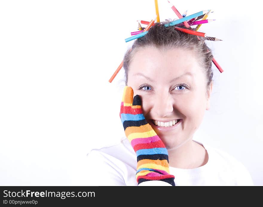 Woman with crayons in hair colourful. Woman with crayons in hair colourful