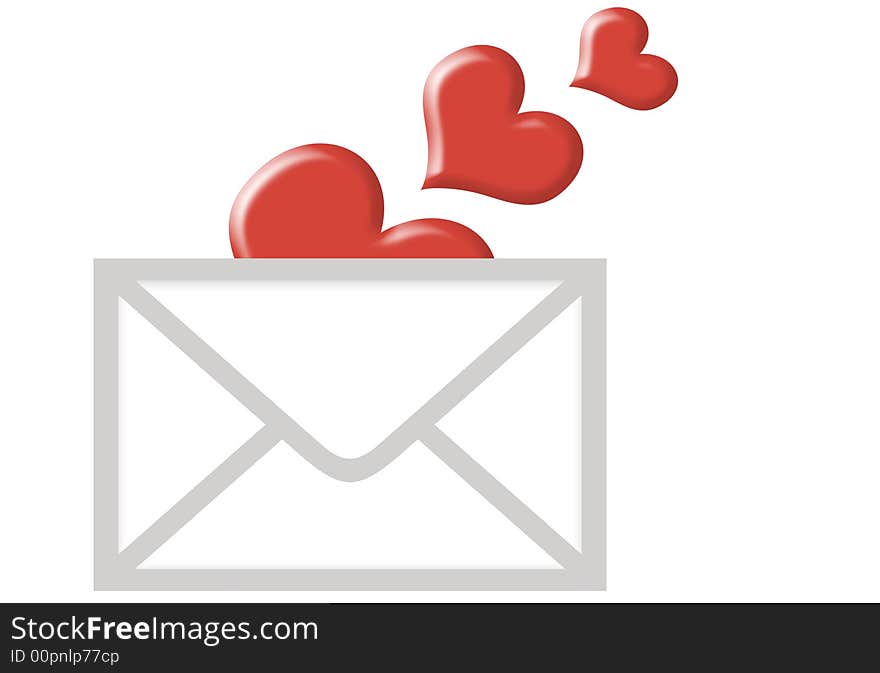 Valentine - love letter with hearts dropping into envelope isloated on white