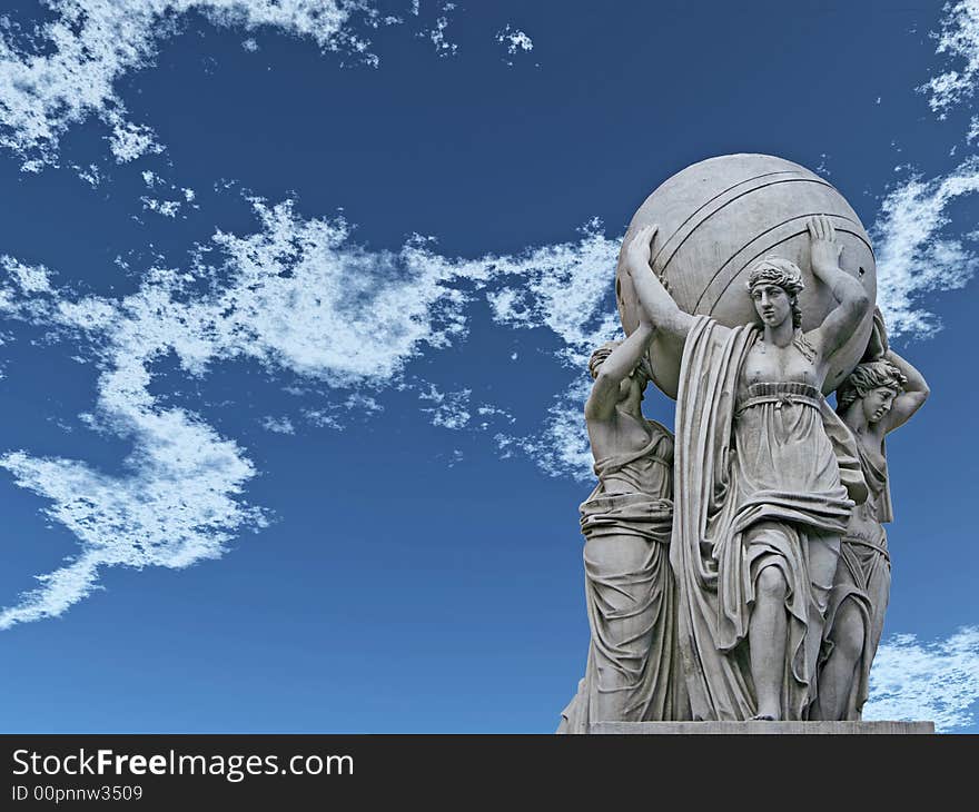 Allegorical statues about admiralty on a sky  background. St.Petersburg , Russia