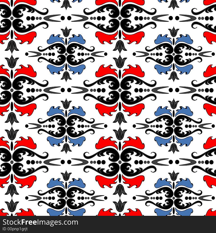 Seamless ornament vector pattern with red and blue elements on white. Seamless ornament vector pattern with red and blue elements on white