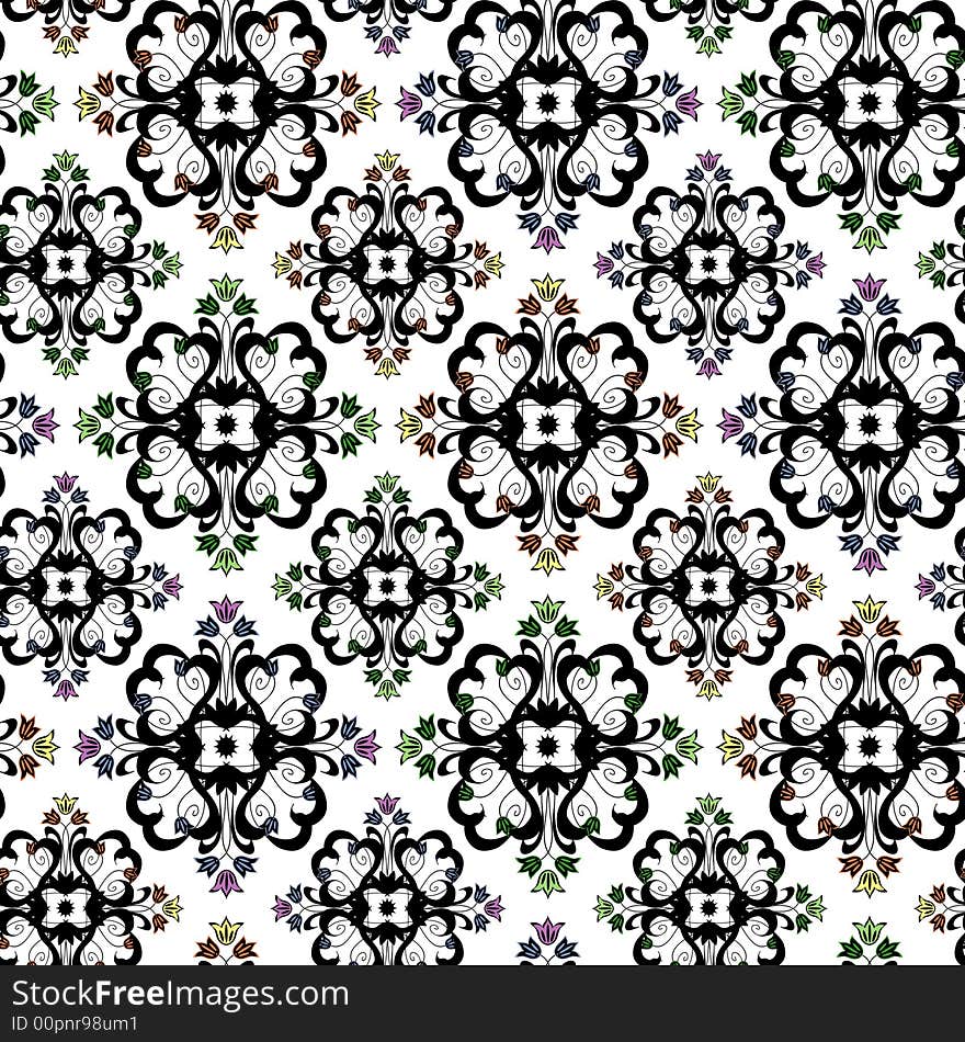 Seamless ornament vector pattern with coloured flowers on white. Seamless ornament vector pattern with coloured flowers on white