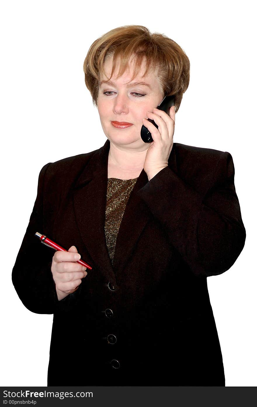 Adult businesswoman with phone isolated over a white background