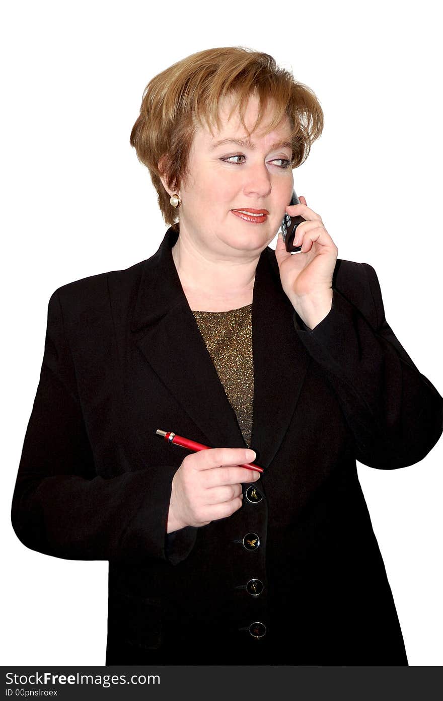 Adult businesswoman with phone isolated over a white background