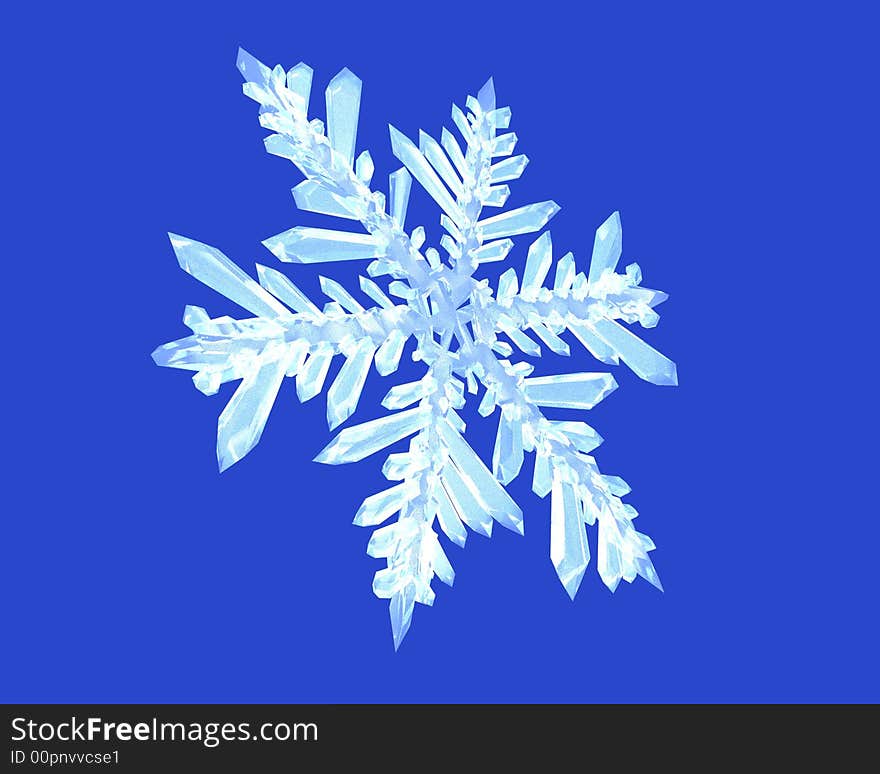 Close-up of a blue spiky snowflake with multiple reflections. 3D illustration.