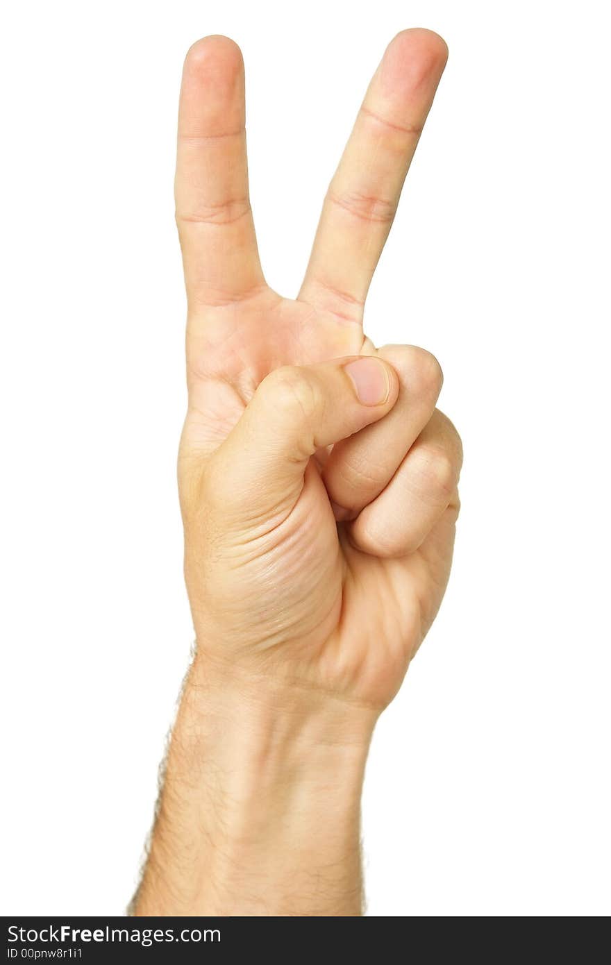 Portrait photo of an isolated male hand making the victory gesture. Portrait photo of an isolated male hand making the victory gesture