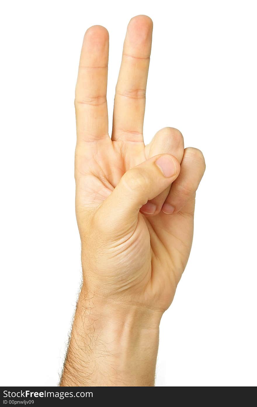 Portrait photo of an isolated male hand showing two fingers. Portrait photo of an isolated male hand showing two fingers