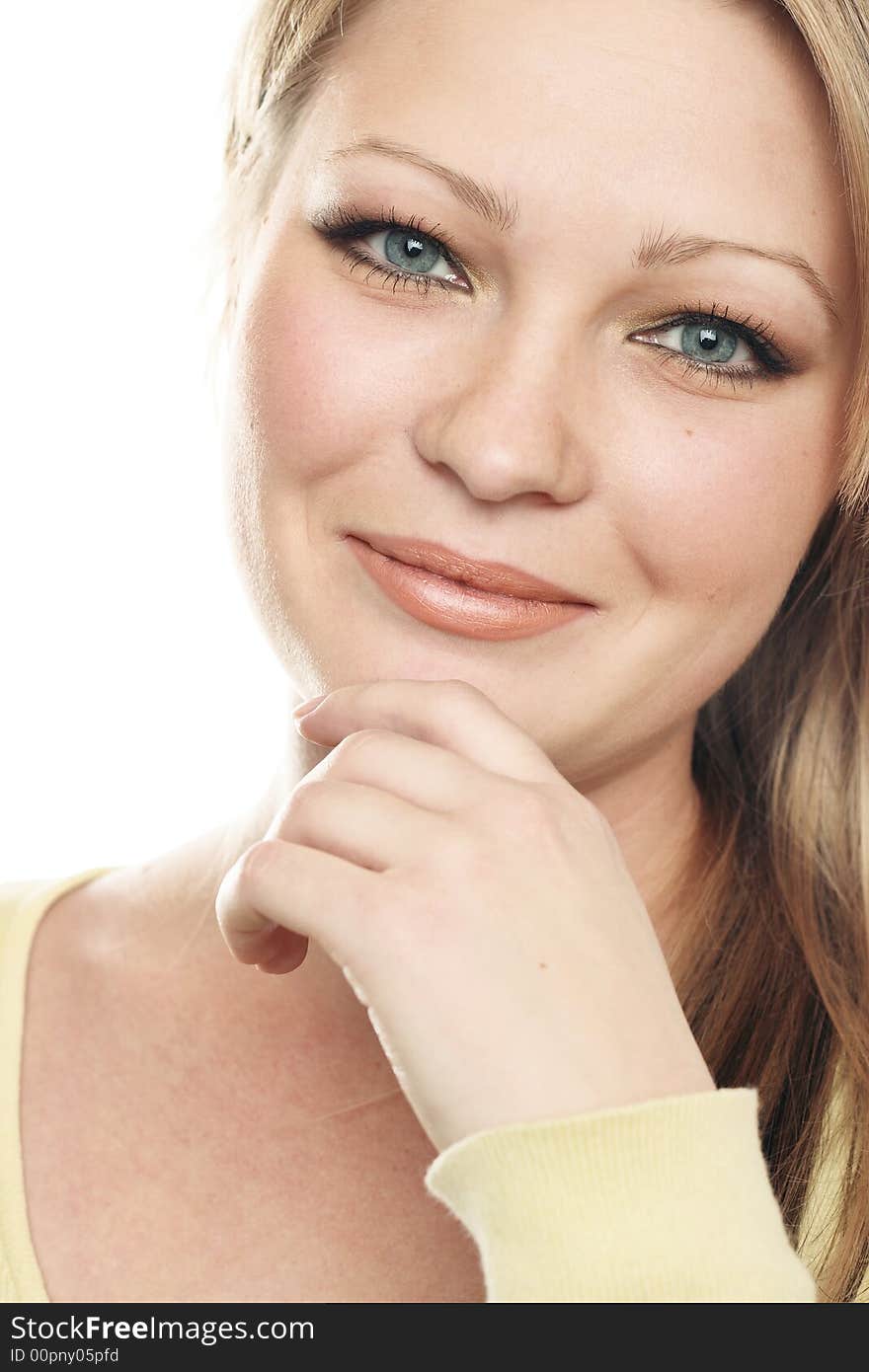 The portrait of the beautiful girl on white background