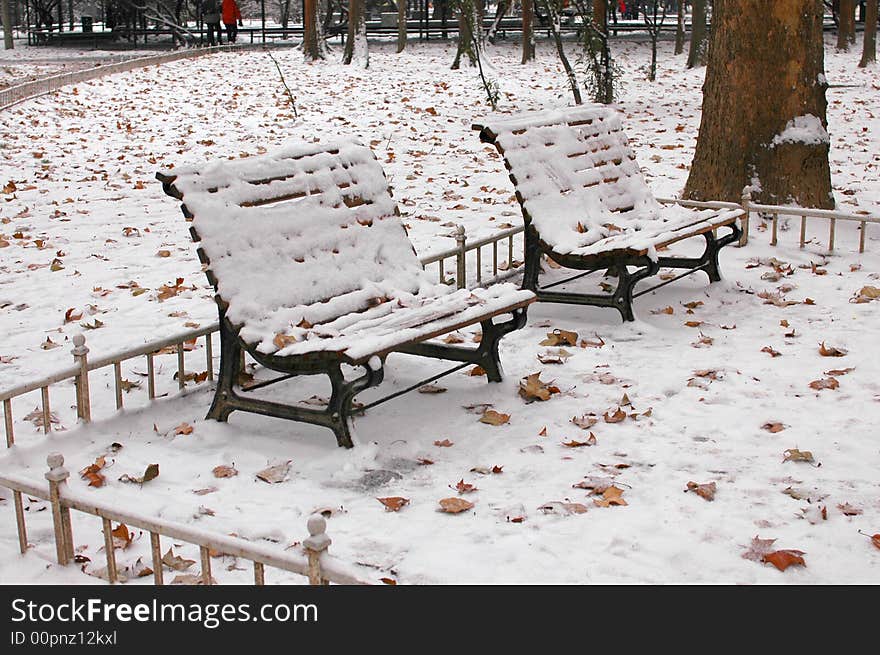 Park bench in snow.Xi'an xingqinggong park.