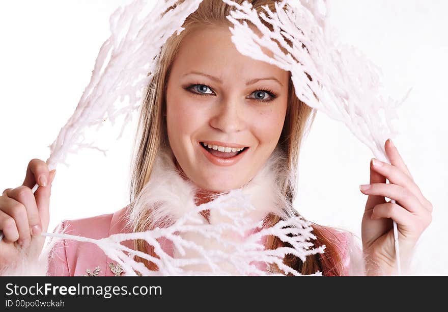 The portrait of the beautiful girl on white background