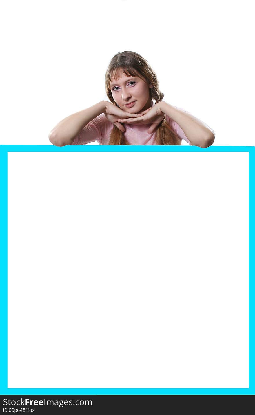 The beautiful girl on the board on a white background