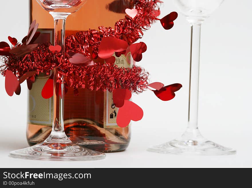 Valentine champagne and two glasses on white background. Valentine champagne and two glasses on white background.