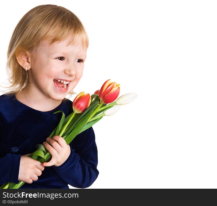 Little girl with a tulips - spring gift