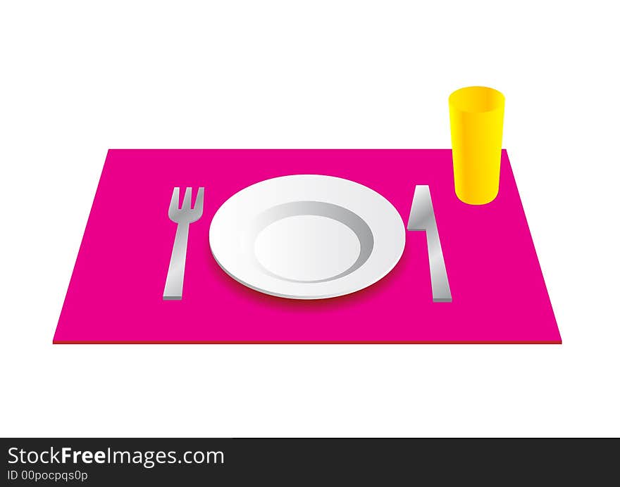 Cup, plate, knife and fork on pink desk. Cup, plate, knife and fork on pink desk