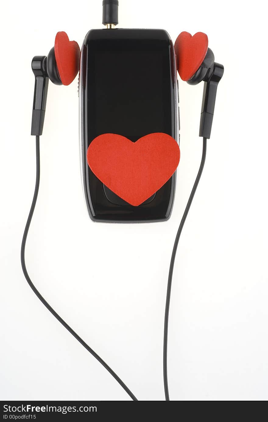 Black music player with headphones and red hearts.