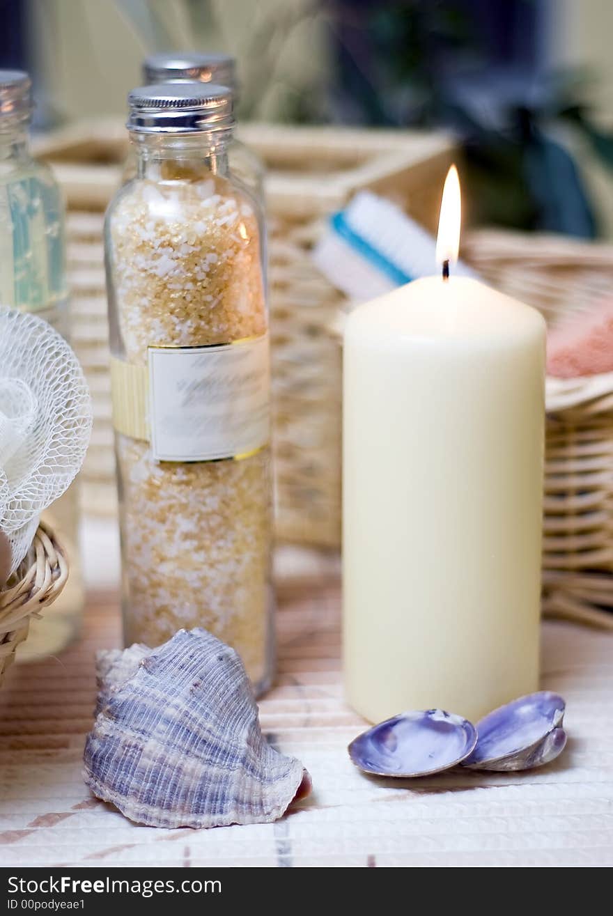 Beige spa composition, a candle, some sea shells, cosmetic bottles. MORE SPA COMPOSITIONS ». Beige spa composition, a candle, some sea shells, cosmetic bottles. MORE SPA COMPOSITIONS »