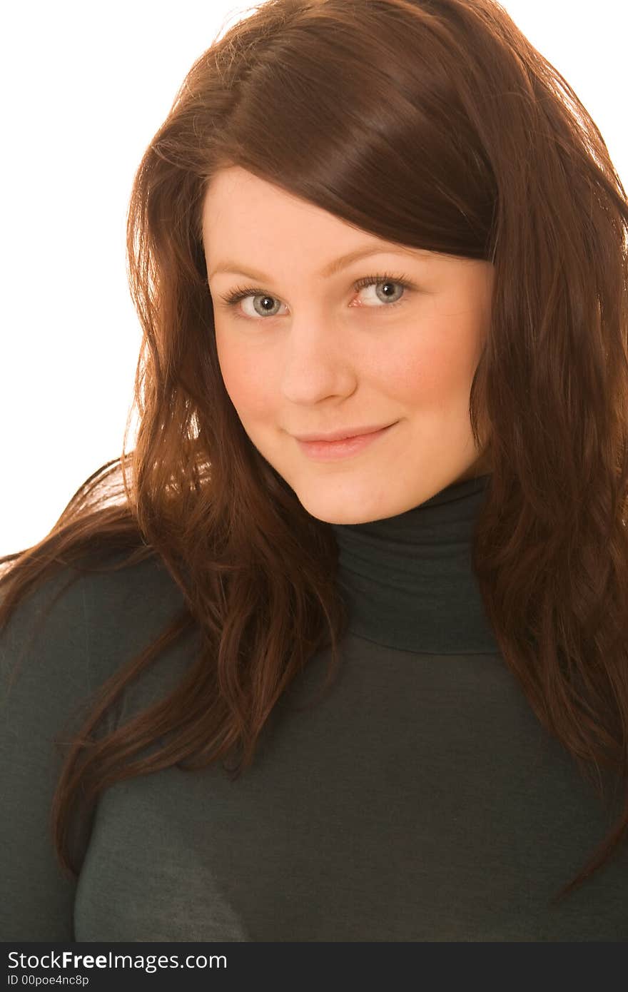 Portrait of young beautiful woman on white background