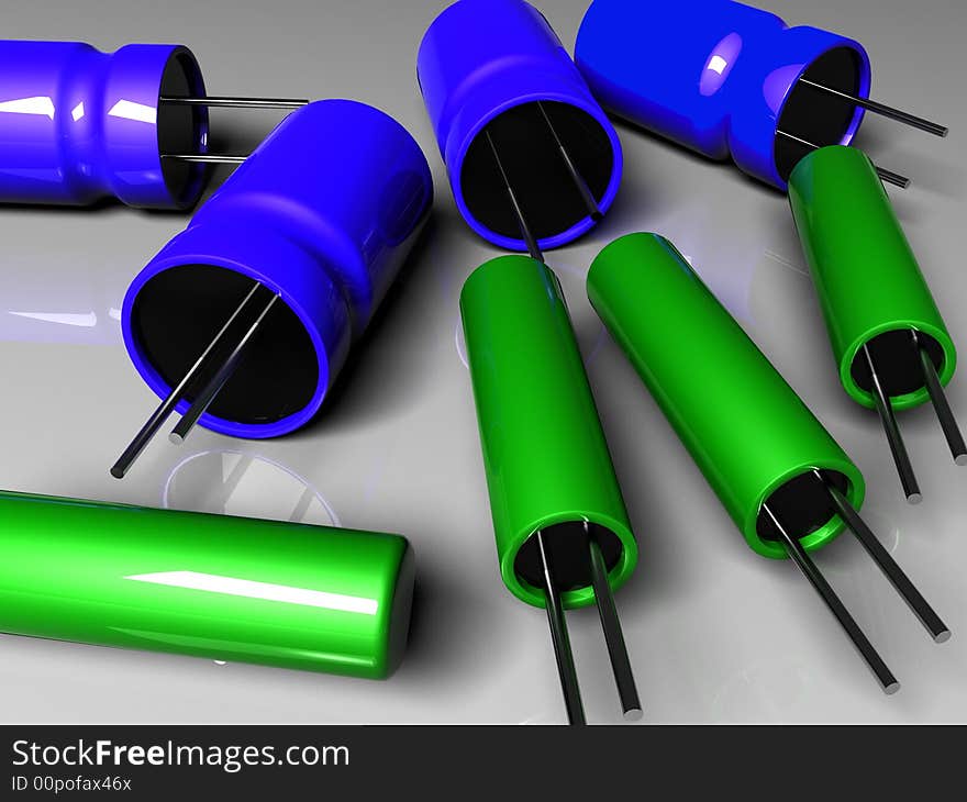 Radio components capacitors green blue three dimensional model