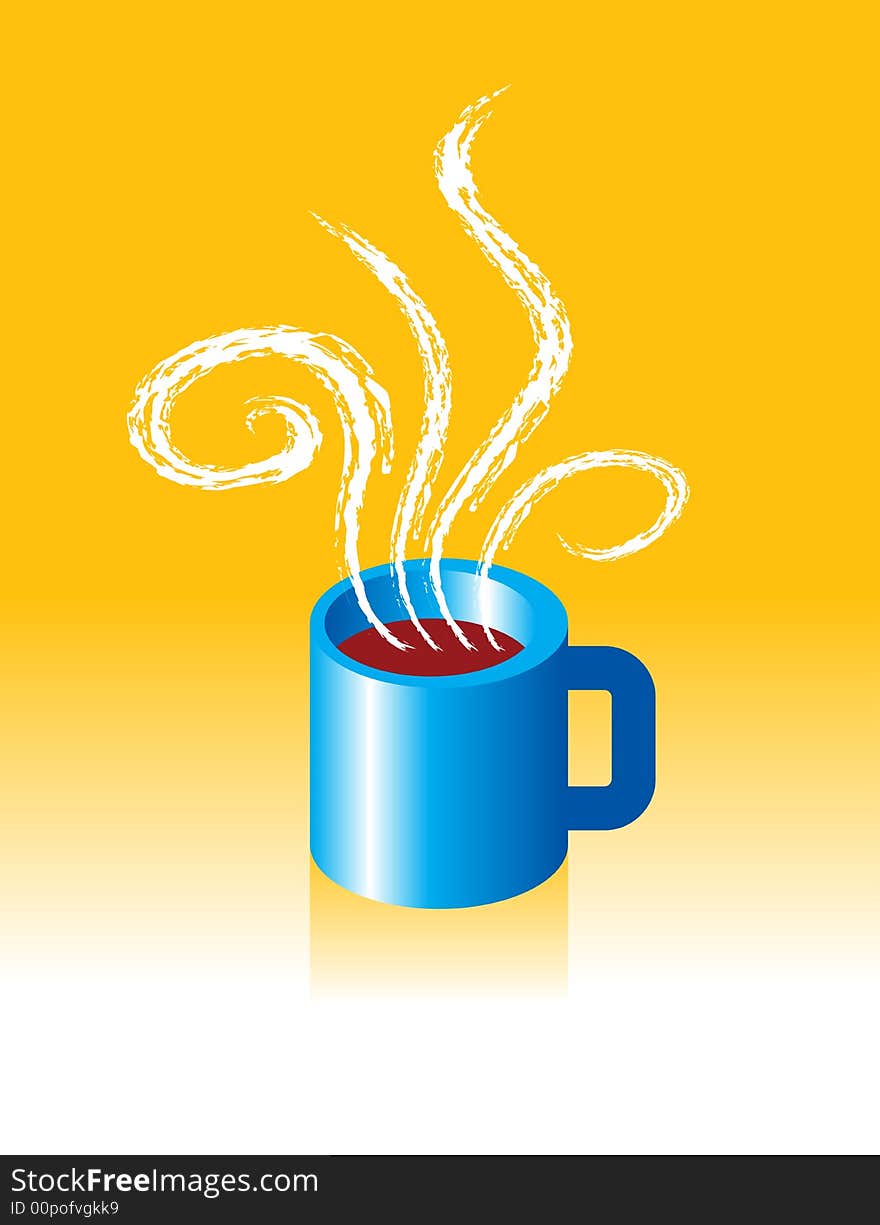 Blue cup of cofee on yellow background. Blue cup of cofee on yellow background