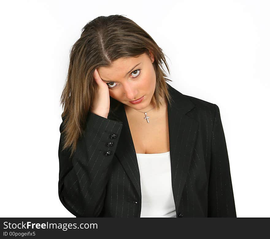 Nice young businesswoman over white with headache