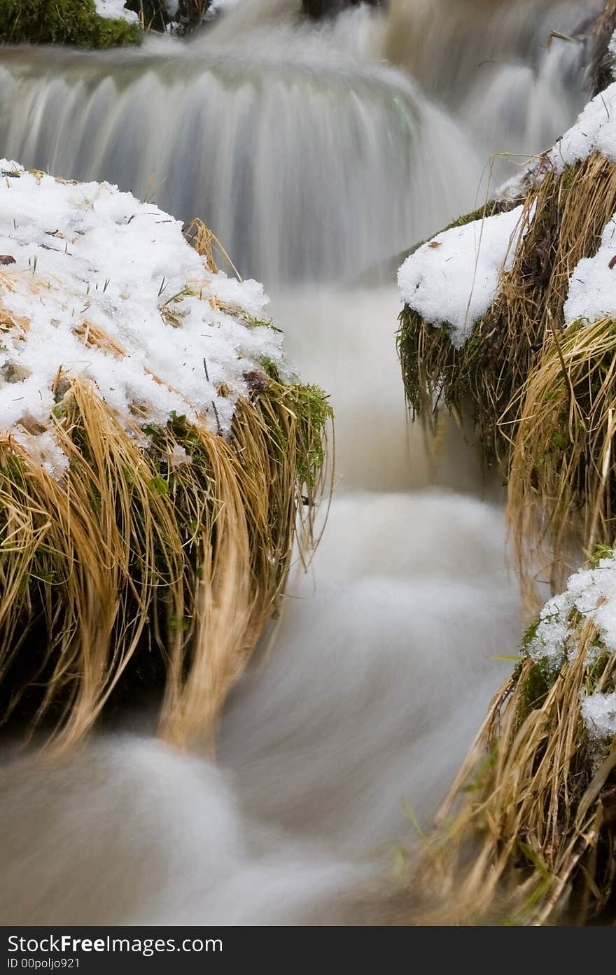 Snow, dry grass and stram river. Snow, dry grass and stram river