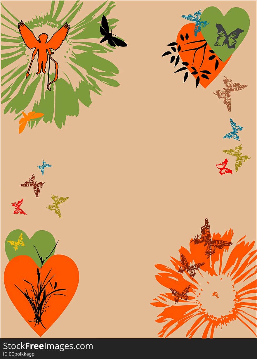 Abstract colored illustration with cupid silhouette, flowers, butterflies and hearts. Abstract colored illustration with cupid silhouette, flowers, butterflies and hearts