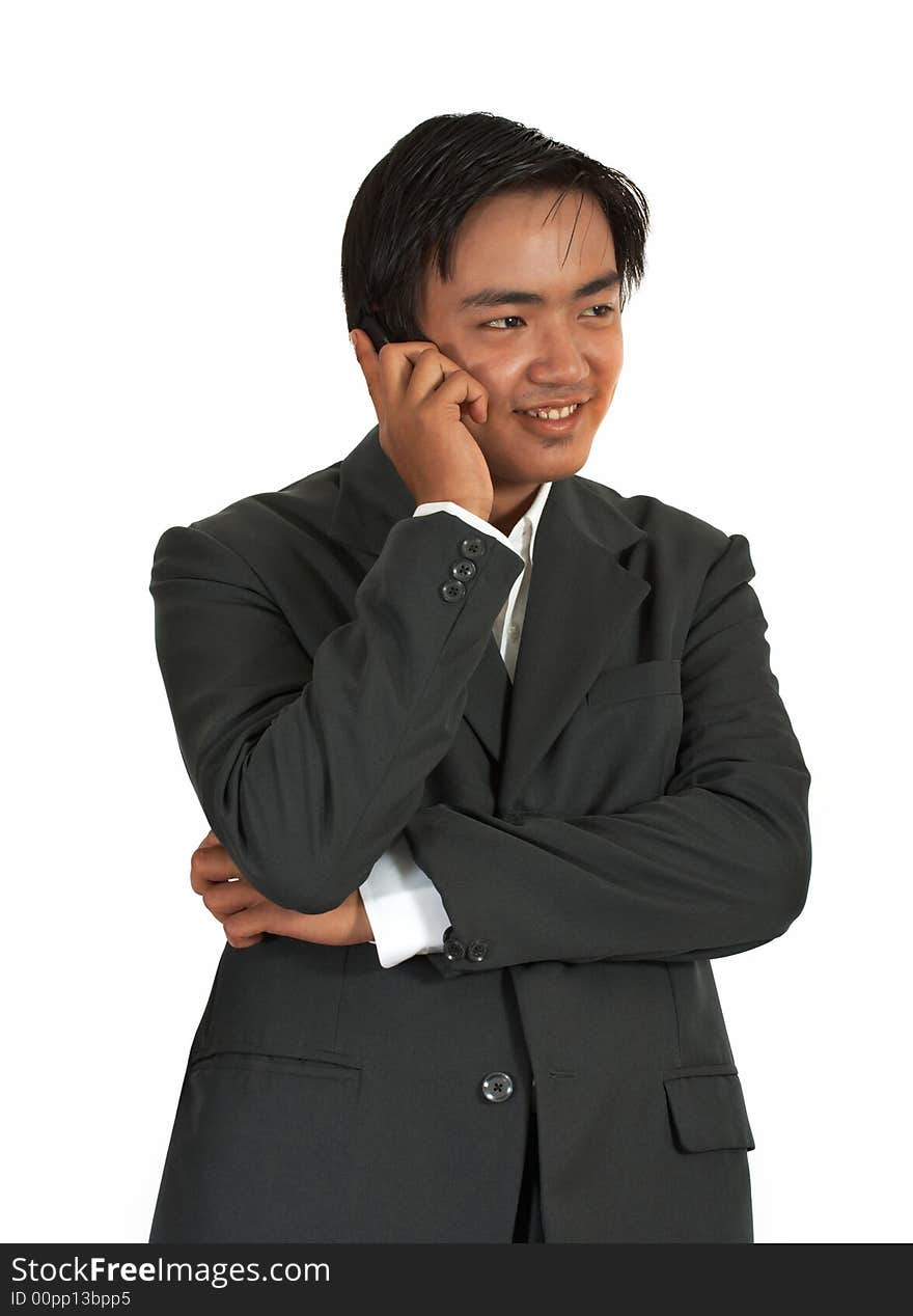 Man talking on a phone over a white background. Man talking on a phone over a white background