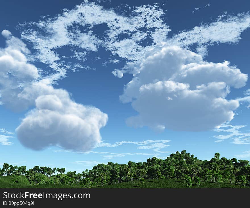 Green hills and beautiful sky with clouds - 3d scene