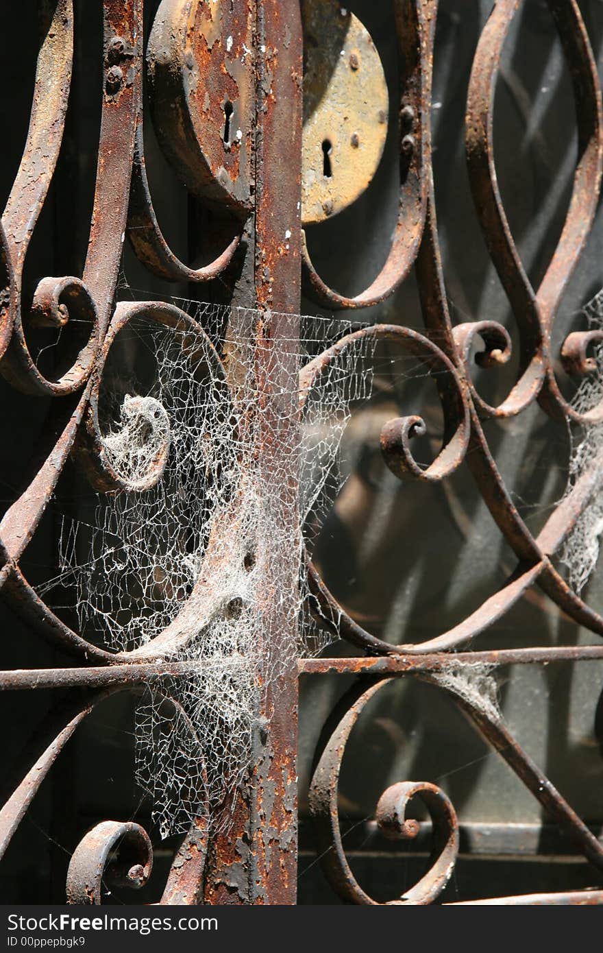 An old rusty gate with cobwebs. An old rusty gate with cobwebs