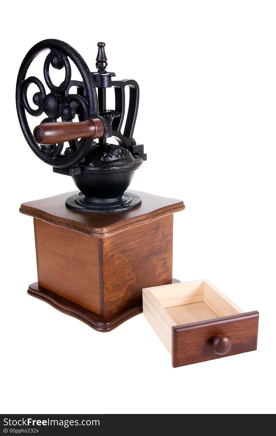 Coffee grinder with a box for coffee on a white background