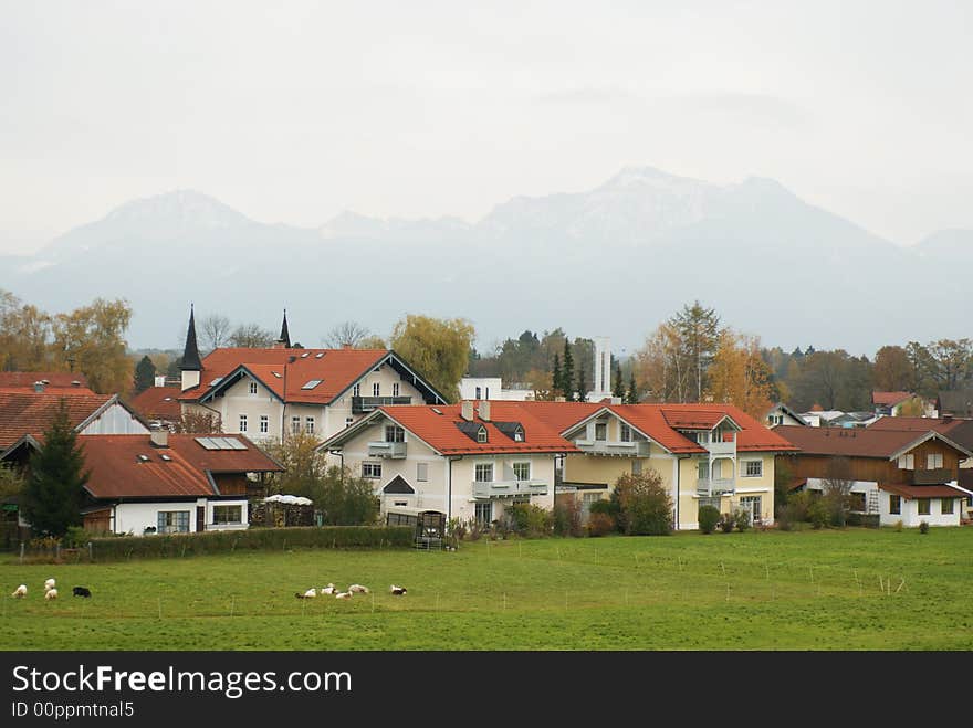 Village landscape with the green meadow and the Alps on background