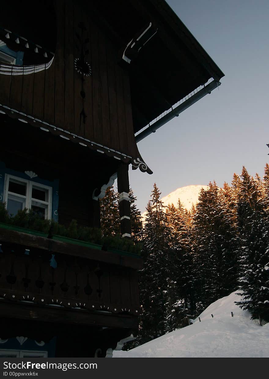 A shot in the alps with a beutiful sky and an alpine restaurant. A shot in the alps with a beutiful sky and an alpine restaurant.