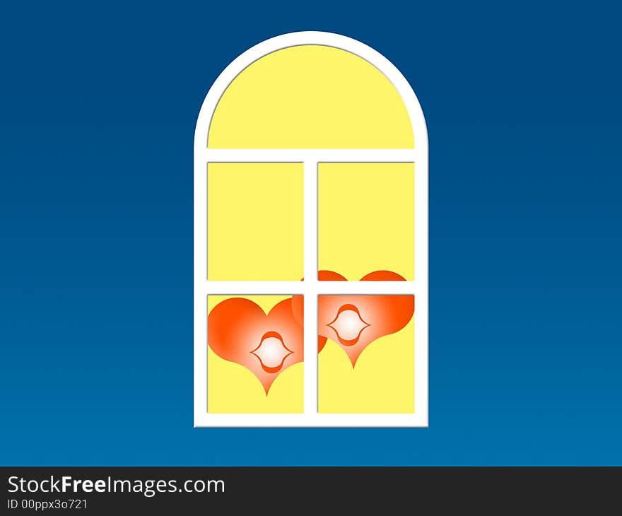 Two red hearts in a window on a color background. Two red hearts in a window on a color background