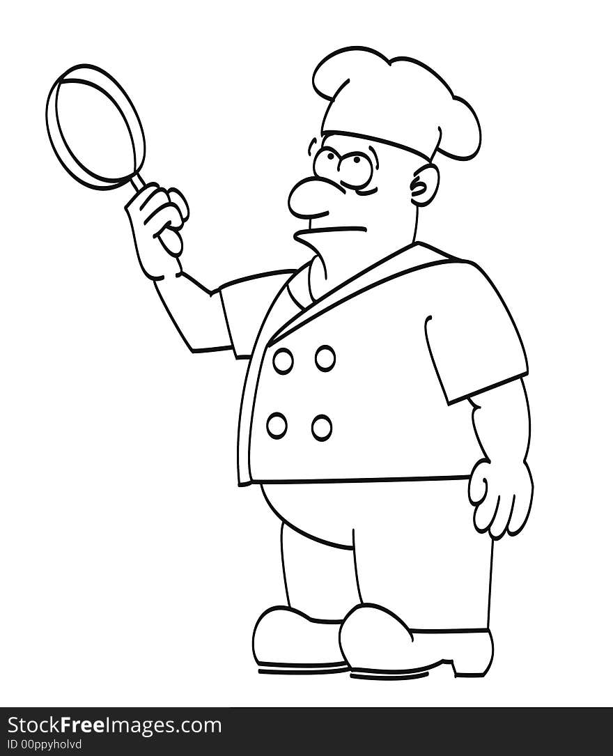 Outline illustration of a chef with a frying pan. Outline illustration of a chef with a frying pan