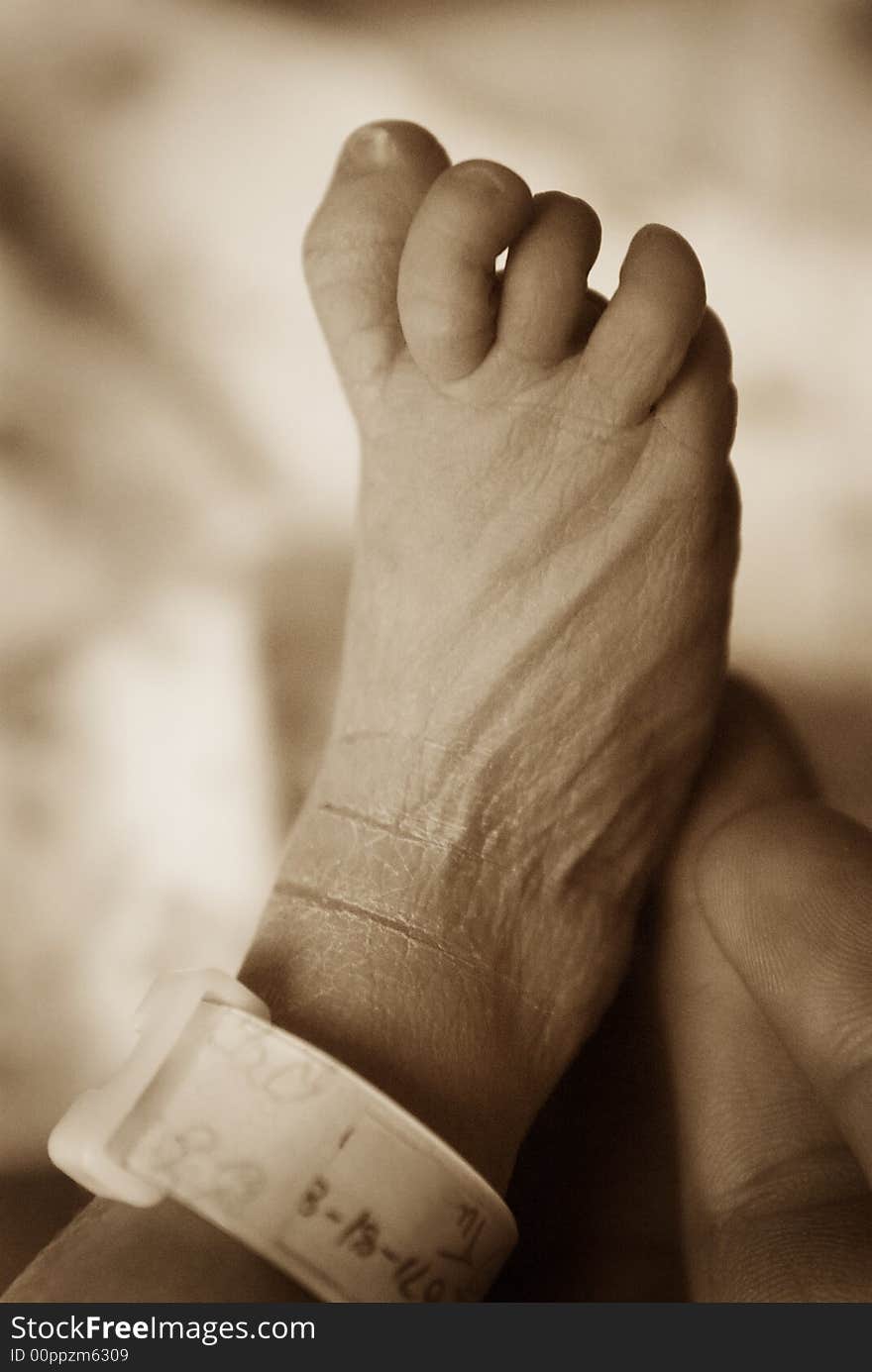 Newborn foot resting on fathers hand in the hospital