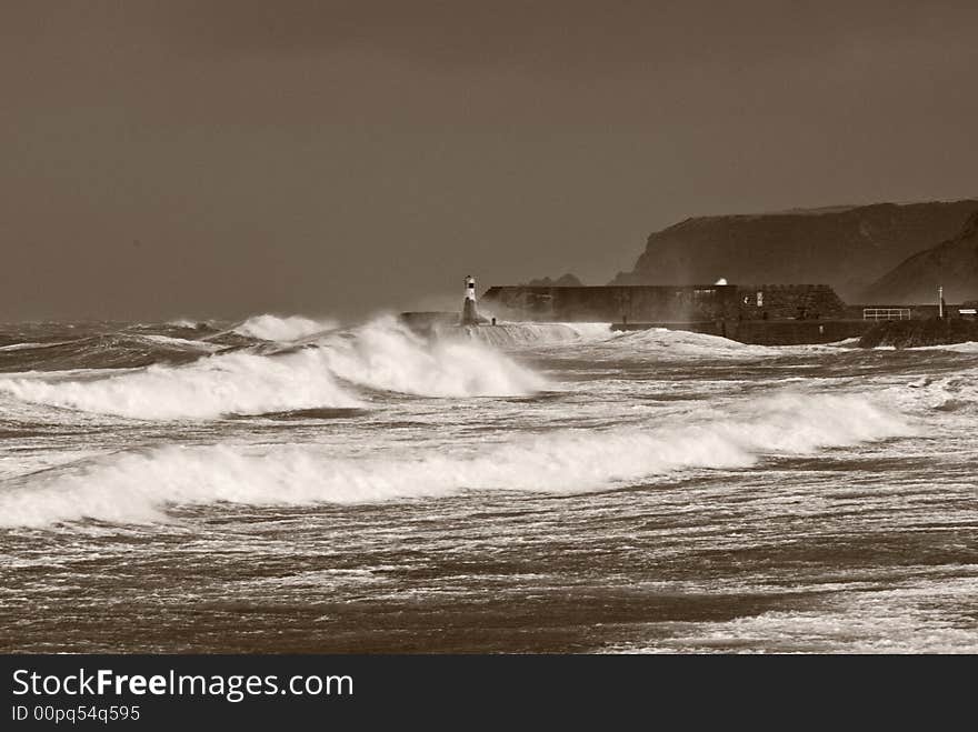 Stormy Sea, Beacon, Black and White