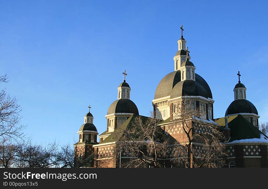 Two crosses on cupolas on a Ukrainian Catholic Church