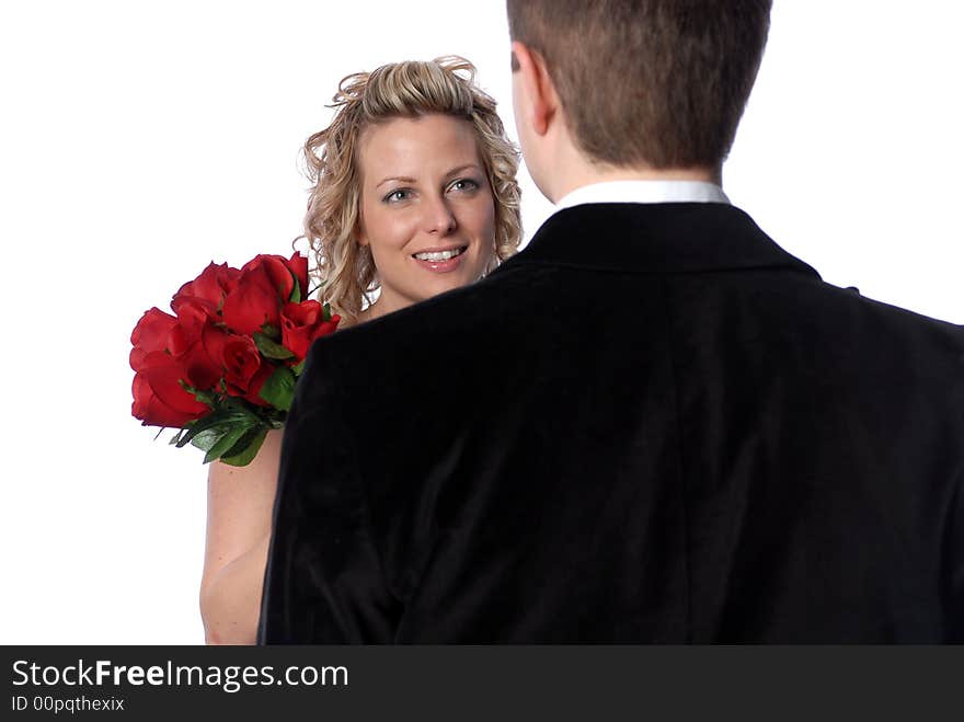 Happy woman receiving roses on valentines day focus on women. Happy woman receiving roses on valentines day focus on women