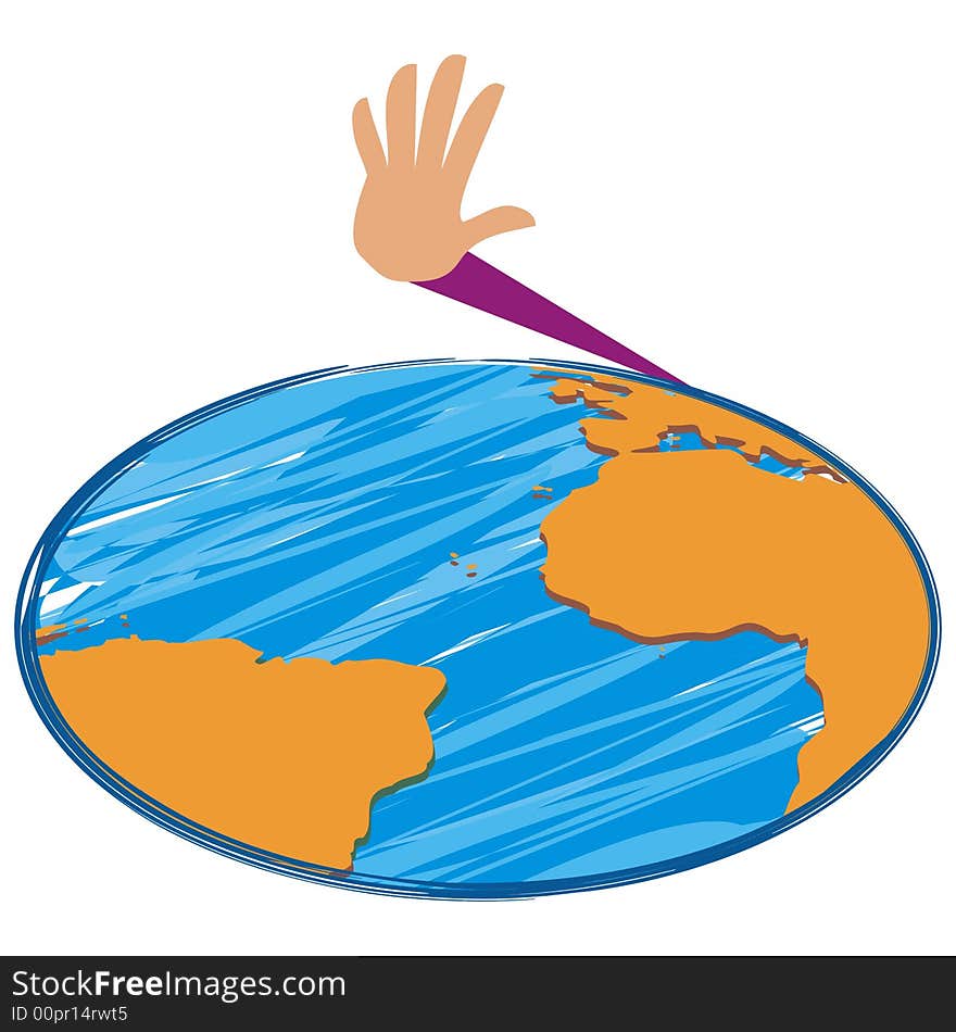 Art illustration: a hand waving over a map of the world. Art illustration: a hand waving over a map of the world