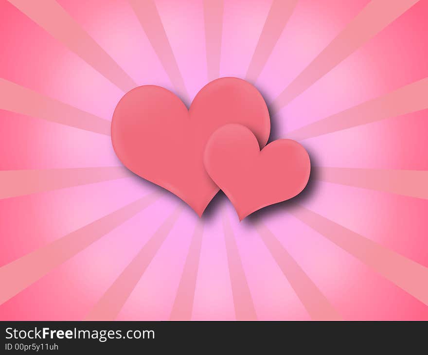 Two shiny hearts against a pink vortex background. Two shiny hearts against a pink vortex background.