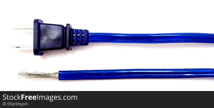 A blue power cord with a cut and frayed end. A blue power cord with a cut and frayed end.