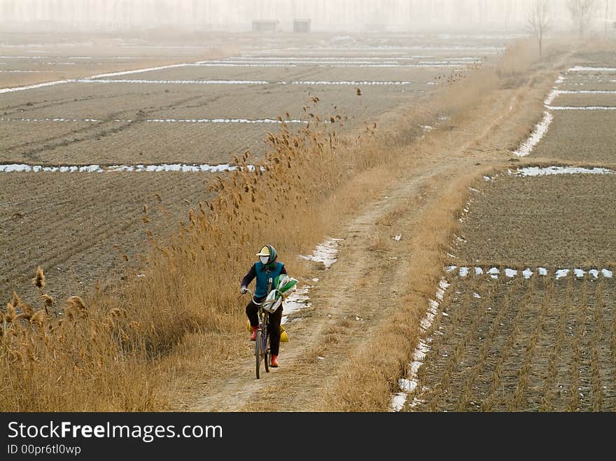 A female peasant is riding along the pathway. A female peasant is riding along the pathway.