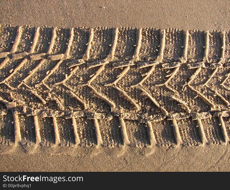 Trace of the car on the sandy beach